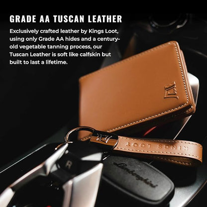 Kings Loot Wallet for Men | Minimalist Slim RFID Blocking Leather Design with Cash Pocket & Card Pull Strap | Holds 1-15 Cards | Stylish & Durable Wallets (Saffron)