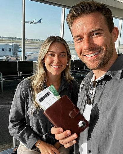 LORZOR Passport Holder for Travel: Full Grain Leather Passport Cover with Airtag Holder Magnetic Buckle for Men - RFID Blocking Bifold Wallet for Air Ticket Card Cash Coin (Brown)