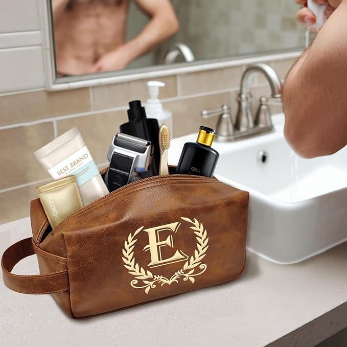 Engraved Letter Toiletry Bag Leather Waterproof Travel Kit, Personalized Gifts for Dad Husband Boyfriend (E)