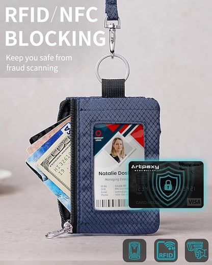 Minimalist Wallet For Mens Womens, Keychain RFID Blocking Zipper Small Wallet with ID Window 2 Lanyards,Water Resistant Travel Cash Card Coin Case Boys Girls