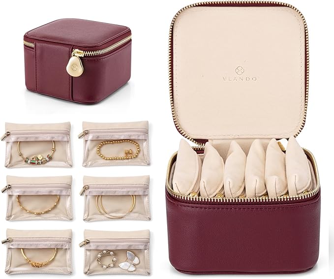 Vlando Travel Jewelry Box Organizer - 6 Small Velvet Zipped Pouches Pockets for Jewelries Necklaces Rings Earrings Sorting Storage, Burgundy