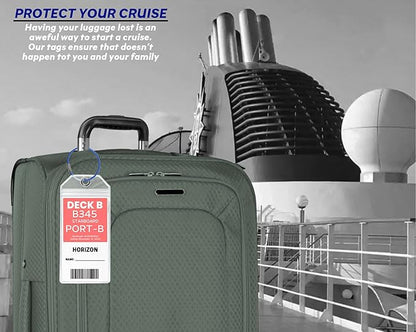 Luggage Tags Essentials 4 Sets with Zip Seal and Steel Loops + 2 Lanyard Detachable ID Holder Badge + 4 Cabin Magnetic Hooks (27lbs) - Fits All Cruise Lines