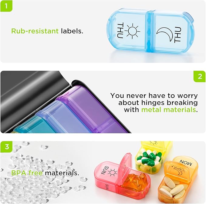 Zannaki Metal XL Weekly Pill Organizer 2 Times a Day, Large Travel Daily Pill Box 7 Day, Portable Week Twice Pill Holder Container, AM PM Pill Case for Medicine Vitamin Medication Supplement, Black