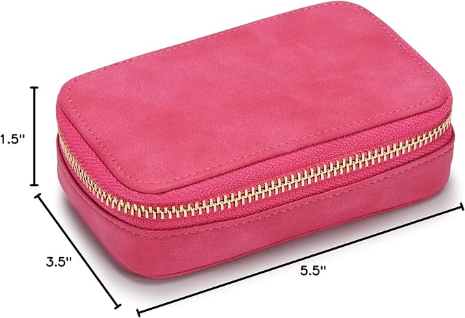 HISCOW Vegan Leather Travel Jewelry Case with Zipper - Portable Necklace & Earring Holder Organizer for Women Girls, Velvet-Lined Ring Box with Anti-Tarnish Design, Rose Red