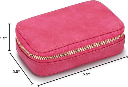 HISCOW Vegan Leather Travel Jewelry Case with Zipper - Portable Necklace & Earring Holder Organizer for Women Girls, Velvet-Lined Ring Box with Anti-Tarnish Design, Rose Red