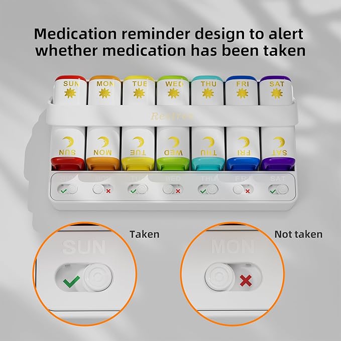 Restree Weekly Pill Organizer Two Time a Day, 7 Day Travel Pill Box, Daily Medicine Organizer, AM&PM Portable Pill Case for Vitamins Fish Oil/Supplements Medication Reminder Design (White)