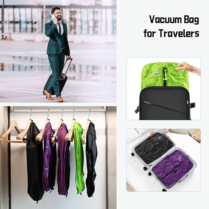 Zurligi Vacuum Bags for Travel with Pump, Vacuum Compression Bag with Adjustable Shoulder Strap, IP67 Reusable Vacuum Packing Cubes for Luggage, Backpack, Suitcase, Yoga, Swim, Beach
