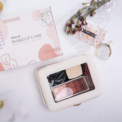 Aveniee Clear Makeup Bag Organizer Set,Portable Travel Toiletry Case for Women, Vegan Leather Cosmetic Pouch Car Bag for Essentials 2pcs,Middle & Large,Beige