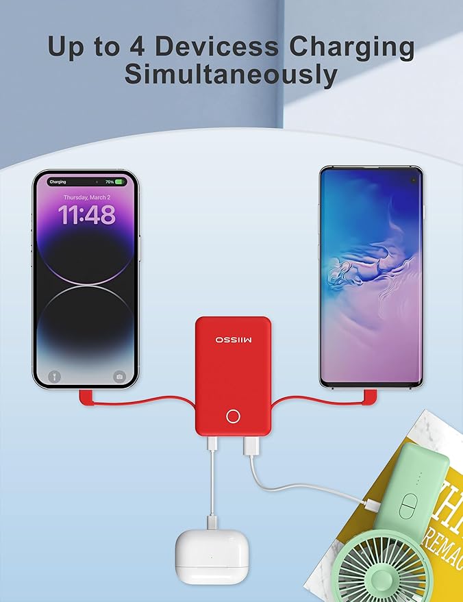miisso 6000mah Ultra Slim Built in Cables Power Bank, Card Size Built in USB C Cords Battery Pack Portable Charger for Phones, 3 Output External Battery Pack Compatible with iPhone, Red