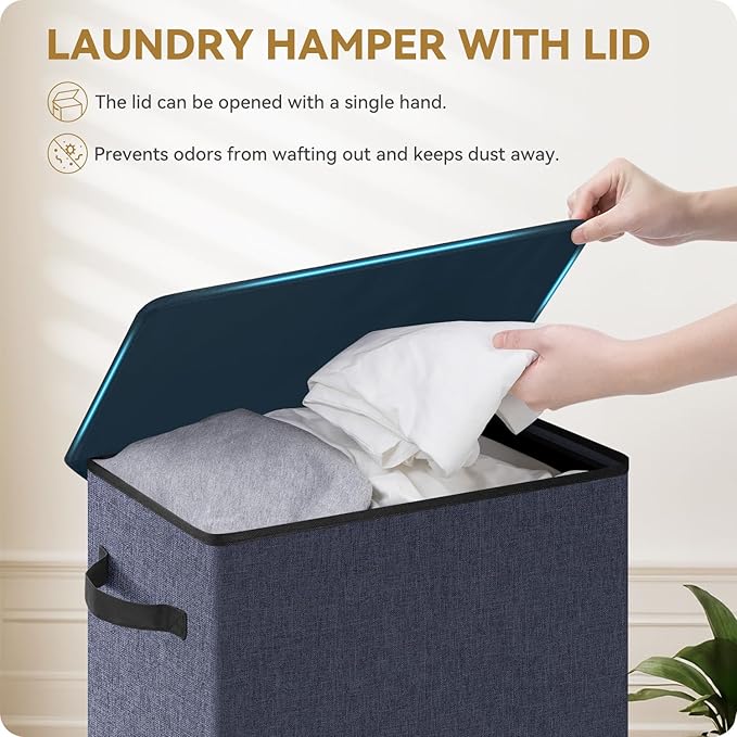 SOLEDI Slim Laundry Hamper with Lid, Narrow Laundry Basket with Removable Bags, Dirty Clothes Hamper with handle, Small Hamper perfect for Laundry room, Bathroom, Bedroom, Small spaces. 70L Navy Blue