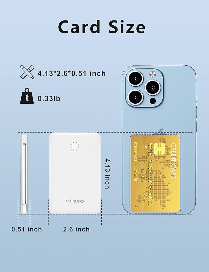 6000mah Ultra Slim Built in Cables Power Bank, Card Size Built in USB C Cords Battery Pack Portable Charger for Phones, 3 Output External Battery Pack Compatible with iPhone, 2-Pack Black & White