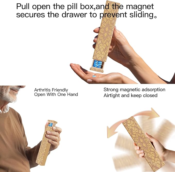 Wooden Pill Organizer, 7 Day Pill Box, Travel Pill Box, Wooden Pill Case Privacy Protection Perfect for Medication, Vitamins, Fish Oils, Supplements (Beech)