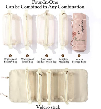 callie Personalized Makeup Bag - Custom Name & Birth Flower, Leather Cosmetic Organizer Make Up Bag, Birthday Christmas Travel Gifts for Women