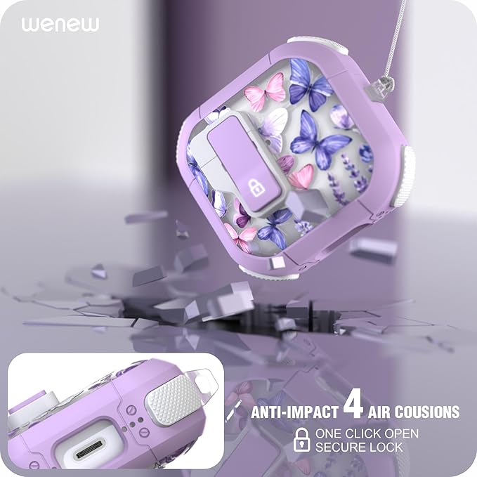 WENEW Case for AirPods 4th Case Cover Secure Lock Automatic Snap Switch Clip Cleaner Kit Lanyard Women Stylish Flower Armour Hard Shell Full Body Front LED Visible (Purple Butterfly, AirPods 4th)