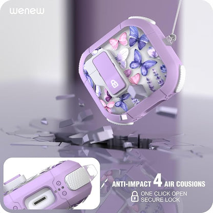WENEW Case for AirPods 4th Case Cover Secure Lock Automatic Snap Switch Clip Cleaner Kit Lanyard Women Stylish Flower Armour Hard Shell Full Body Front LED Visible (Purple Butterfly, AirPods 4th)