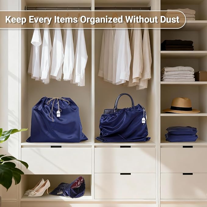 Ewen 7pcs Satin Shoe Bag Dustproof, 23.6x19.6in Dust Bags for Handbags with Drawstring Blank Tags, Travel Essentials Large Packing Bag, Dark Blue Purse Shoes Clothes Organizer for Closet Home Storage