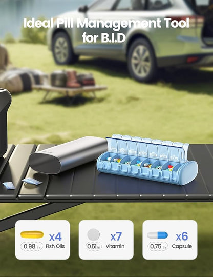 Vaydeer Metal 7 Day Pill Organizer 2 Times a Day – AM PM Weekly Travel Pill Case with Moisture-Proof Desiccant, Airtight Large Capacity Pill Box for Vitamins, Medications & Supplements (Blue)