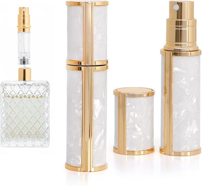 Ms Lovely Pearlescent Travel Perfume Atomizer Bottle – 5ml Refillable Mini Spray for Purse, TSA Approved Portable Fragrance Dispenser (White and Gold)