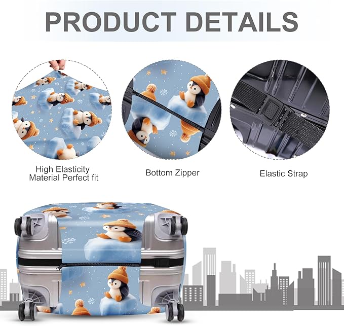 ANNA QUEEN Winter Penguin Luggage Cover, Cute Penguin on Ice Pattern Suitcase Protector, Washable Stretchable Travel Sleeve for 28-30 Inch Luggage