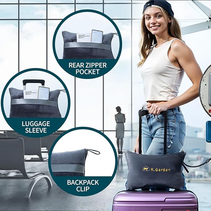 K.Garden Travel Cooling Blanket and Pillow- Soft 2 in 1 Airplane Compact Flight Essentials Car Pillow Travelers Gifts Accessories Compact Pack Blanket for Any Travel with Luggage Backpack Strap Grey