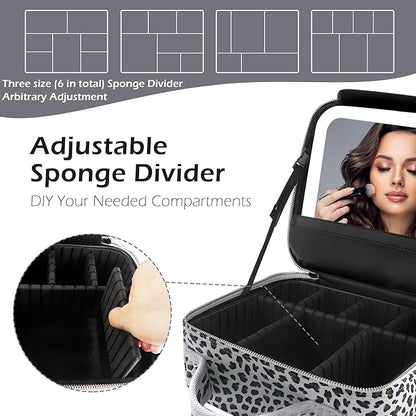 Travel Makeup Bag Cosmetic Bag Makeup Organizer Bag with Lighted Mirror, Adjustable Brightness in 3 Color Scenarios, Waterproof Makeup Train Case, Gift for Women - Leopard White