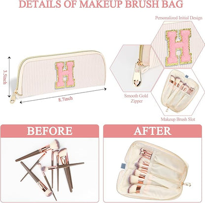 Personalized Initial Makeup Bag Trendy Stuff Corduroy Cosmetic Bag Travel Toiletry Bag, Christmas/Thanksgiving/Halloween Gifts Makeup Organizer Case for Women Girls Mom Girlfriend Wife - White