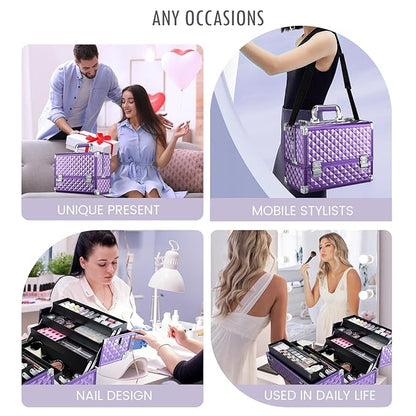 FRENESSA Makeup Train Case Makeup Case 12.6 Inch Large Cosmetic Box Organizer Travel Storage Professional Make Up Train Carrying Case with 6 Trays Locking Shoulder Strap Hard Vanity Storage Purple