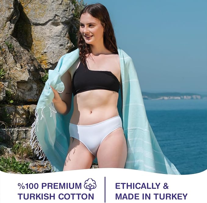 Turkish Beach Towels, Pack of 2 | Oversized, Quick Dry, Sand Free | 100% Cotton, Large 38x71 Towels for Beach, Pool, Travel | Ultra-Soft, Compact, and Absorbent | Aquamarine