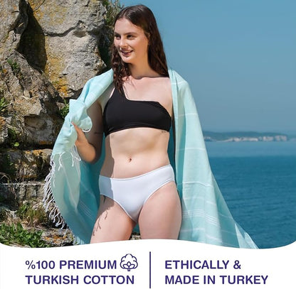 Turkish Beach Towels, Pack of 2 | Oversized, Quick Dry, Sand Free | 100% Cotton, Large 38x71 Towels for Beach, Pool, Travel | Ultra-Soft, Compact, and Absorbent | Aquamarine