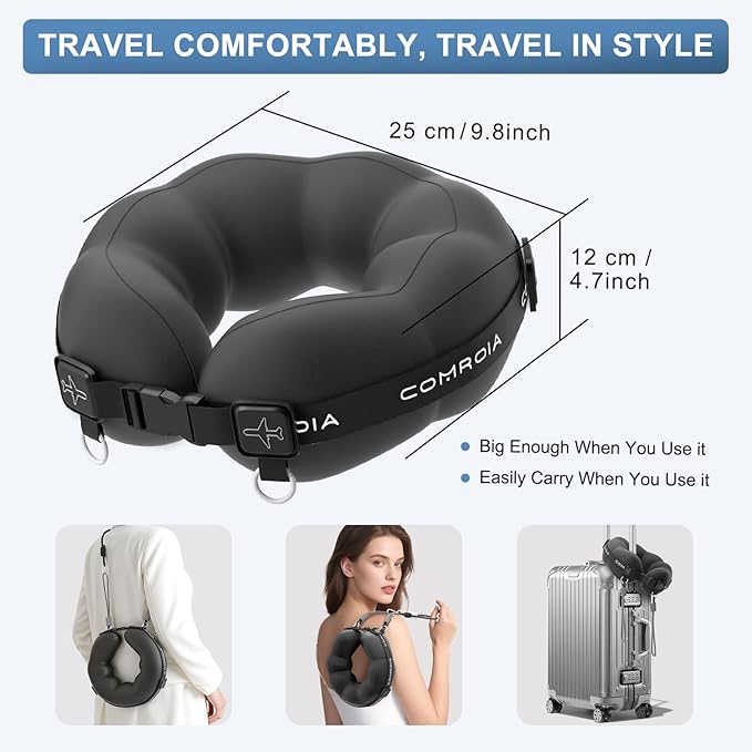 Travel Neck Pillow for Airplane, Super Soft Neck Support Travel Pillow - Lightweight and Stylish Convertible Style - Ergonomic Design for Long Flights, Car, Train & Office Use (Black)
