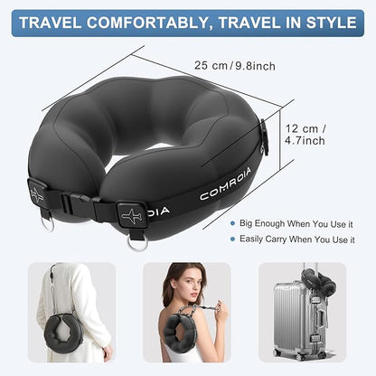 Travel Neck Pillow for Airplane, Super Soft Neck Support Travel Pillow - Lightweight and Stylish Convertible Style - Ergonomic Design for Long Flights, Car, Train & Office Use (Black)