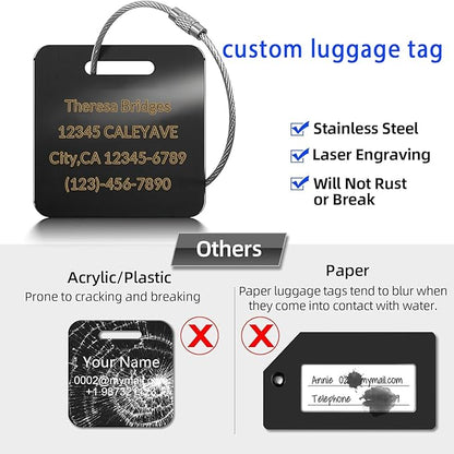 (5pcs) Made in USA Personalized Engraved Luggage tag-Custom Luggage Metal Tags for Unique Suitcase & Backpack Travel, Durable, Waterproof & Heavy Duty ((2×2) Black)