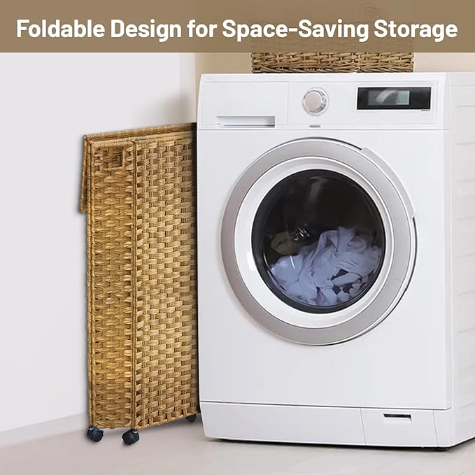 70L Slim Laundry Hamper with Lid & Wheels, 2-Park Rolling Laundry Basket with 4 Removable Liner Bags & 3 Mesh Bags, Narrow Dirty Clothes Basket, Foldable Handwoven Rattan Laundry Sorter, Natural