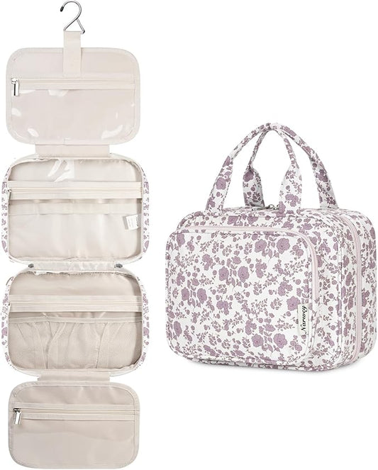 Narwey Hanging Floral Toiletry Bag for Women Travel Makeup Bag Organizer Toiletries Bag for Travel Size Essentials Accessories Cosmetics (Little Dusty Pink Flower (Medium))