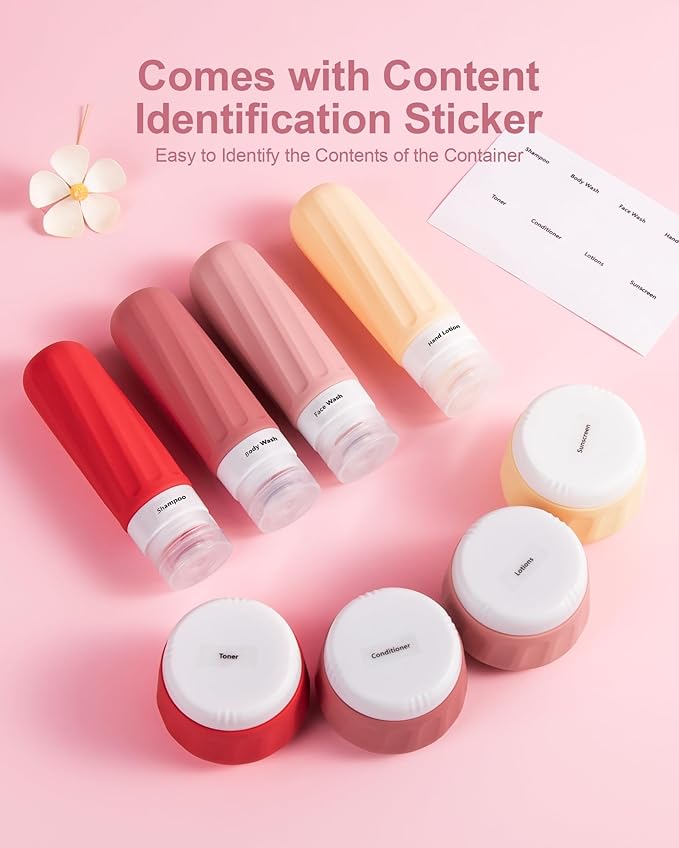 Travel Size Toiletries 8 Pack, TSA Approved 3oz Silicone Squeeze Bottles & Cream Jars with Clear Travel Bag