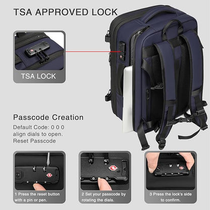 Vacuum Seal Travel Backpack 45L - Expandable Air Compression System, Water-Resistant, Carry-On Suitcase Luggage with TSA Lock Fits 18" Laptop - Vacuum Pump Included (Blue)