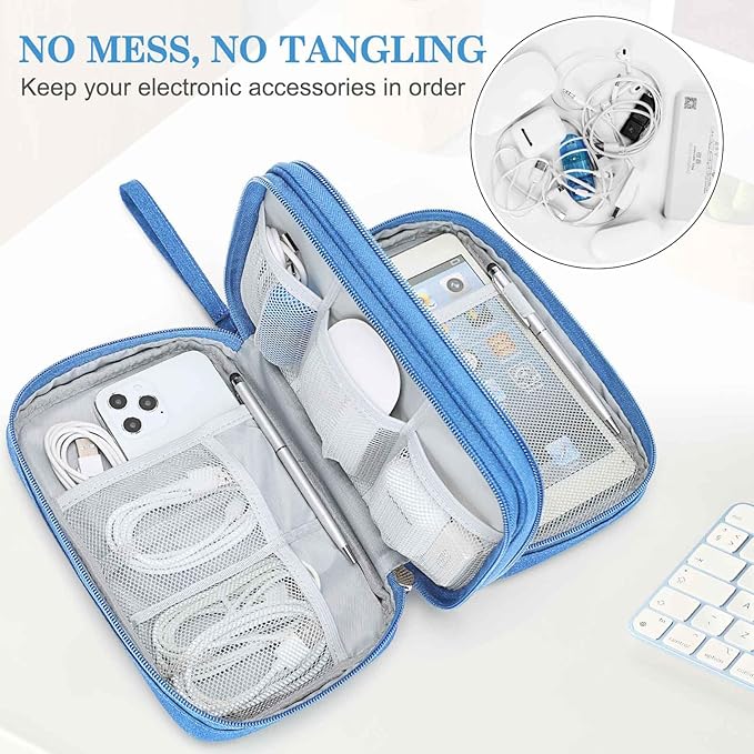 FYY Electronic Organizer, Large Travel Cable Organizer Bag Pouch Electronic Accessories Carry Case Portable Waterproof Double Layers All-in-One Storage Bag for Cable, Cord, Charger, Phone, Cyan