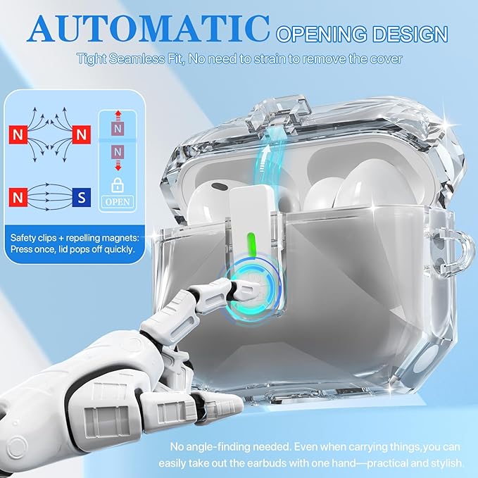 R-fun for AirPods Pro 3 Case (2025) Cover with Cleaning Kit, Military-Grade Shockproof Transparent Non-Yellowing, Auto Pop-Up Lid Design for AirPods Pro 3rd Generation Case, Clear Black