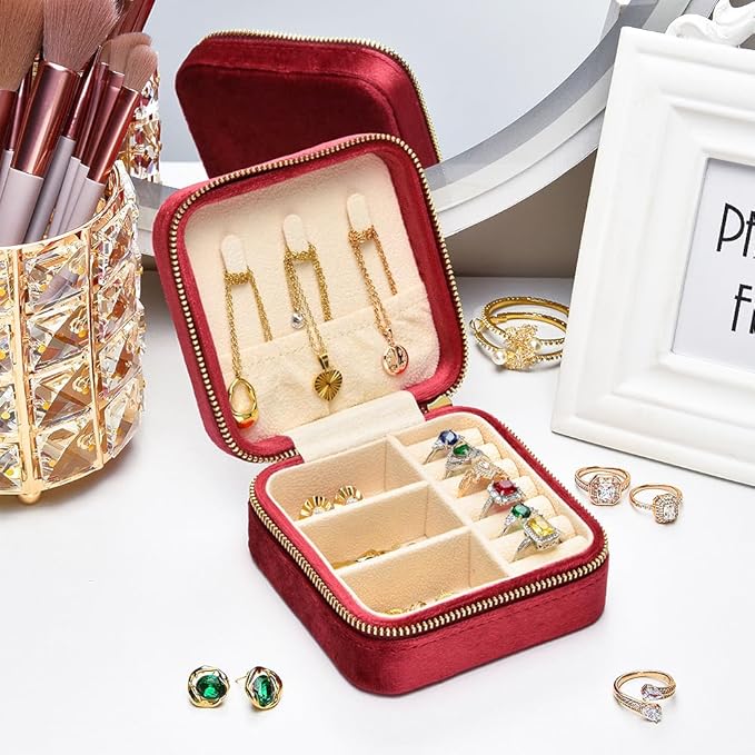 TAIMY Travel Jewelry Case, Small Plush Velvet Jewelry Box for Women and Girls, Portable Jewelry holder organizer for Rings Earrings Necklaces Bracelets(Burgundy)