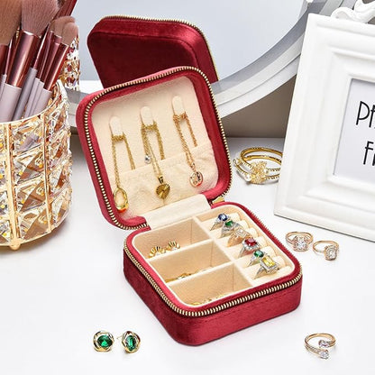 TAIMY Travel Jewelry Case, Small Plush Velvet Jewelry Box for Women and Girls, Portable Jewelry holder organizer for Rings Earrings Necklaces Bracelets(Burgundy)