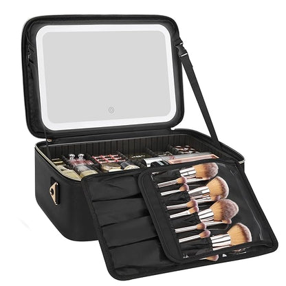 Relavel Travel Makeup Bag With LED Mirror, 16.2" Large Makeup Train Case, 3 Color Scenarios Adjustable Brightness, Waterproof Makeup Train Case Organizer with DIY Dividers for Makeup Artist, Black