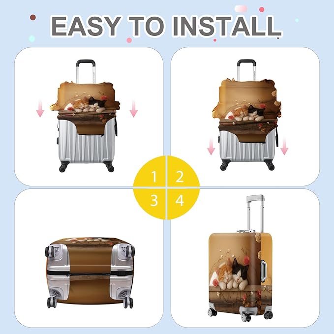 ANNA QUEEN Sleeping Cats Luggage Cover, Adorable Kitten Design with Floral Elements, Stretchable, Washable Travel Sleeve for 24-26 Inch Suitcases