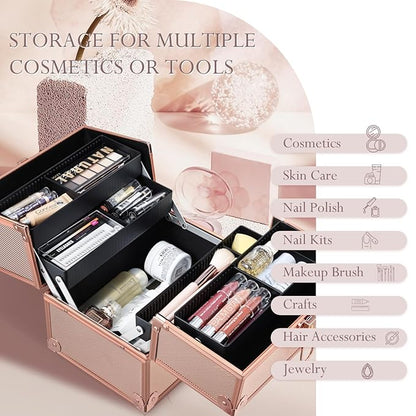 FRENESSA Makeup Train Case Makeup Case Travel Cosmetic Box Organizer Portable Make Up Box with Dividers Lockable for Artist Nail Sewing Vanity Storage Makeup Travel Case Rose Gold