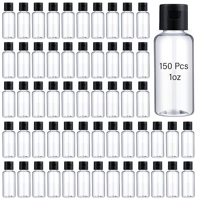 Mimorou 150 Pcs 1oz Travel Bottles Bulk for Toiletries Clear Small Travel Size Bottles Bulk Refillable Empty Containers for Shampoo Lotion Liquid Body Soap Cream Toiletries(Black Cap)