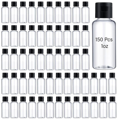 Mimorou 150 Pcs 1oz Travel Bottles Bulk for Toiletries Clear Small Travel Size Bottles Bulk Refillable Empty Containers for Shampoo Lotion Liquid Body Soap Cream Toiletries(Black Cap)