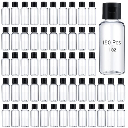 Mimorou 150 Pcs 1oz Travel Bottles Bulk for Toiletries Clear Small Travel Size Bottles Bulk Refillable Empty Containers for Shampoo Lotion Liquid Body Soap Cream Toiletries(Black Cap)