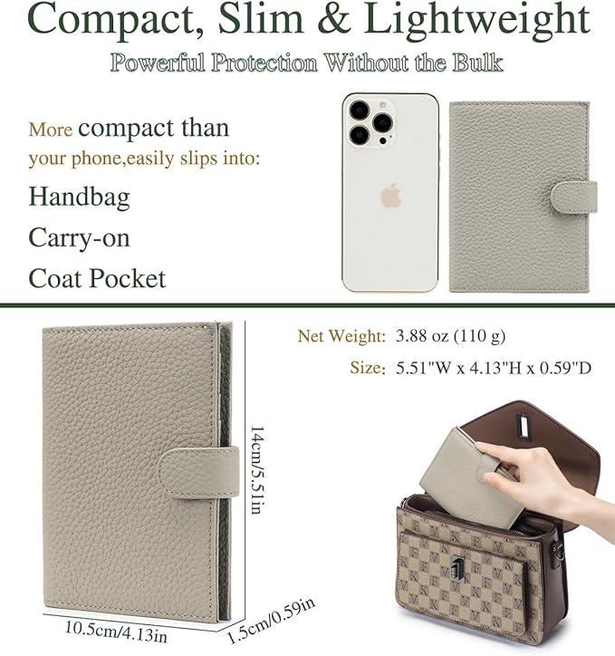 Passport Wallet for Women – Slim RFID Blocking Passport Cover with 1 Passport Slot & 3 Card Slots, Coin Pocket & SIM Slot – Genuine Leather Travel Organizer Elephant Gray