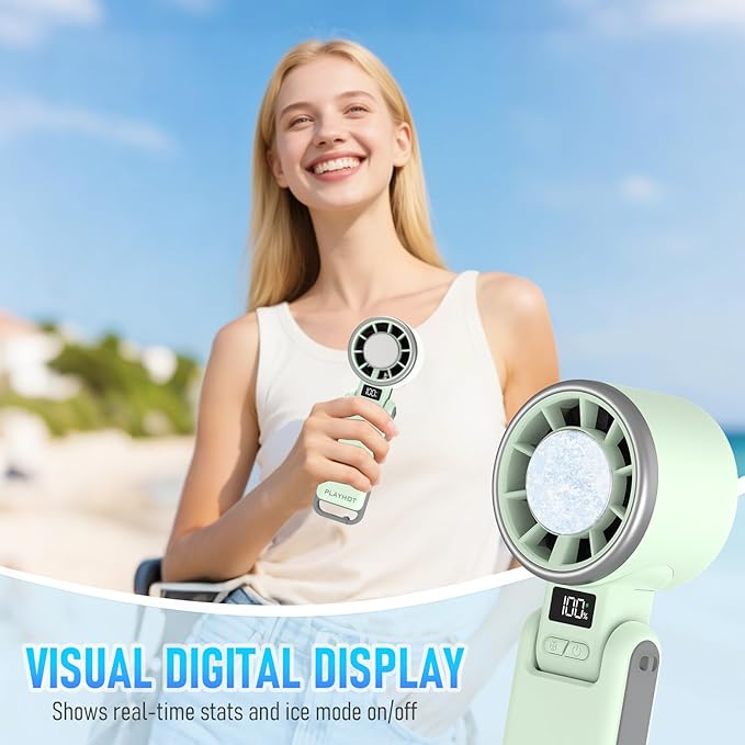 Portable Handheld Turbo Fan with Ice Cooling, Rechargeable Personal Fan, Up tp 12Hrs Cooling, 5 Speed 25550RPM Powerful Portable Fan for Travel, Outdoor, Camping, Hiking (Green)