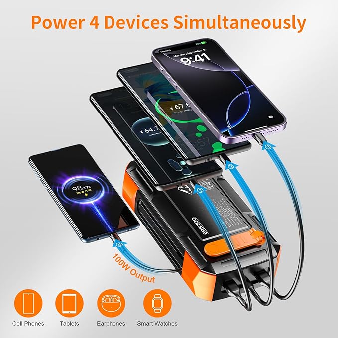 Solar Charger Power Bank 73200mAh, Portable Laptop Charger with 100W USB-C in/Output, Built-in Cables, Hand Crank Power Bank for Mobile Phones, Ideal for Outdoor Use with SOS/Strobe/Strong (orange)
