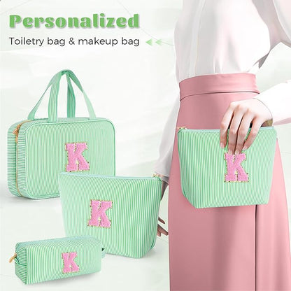 Teen Girl Gifts Trendy Stuff | Cute Toiletry Makeup Bag for Girls - Cosmetic Bags for Women | Initial Make Up Bag | Personalized Gifts for Women Friends | Skin Care Bag - Green K